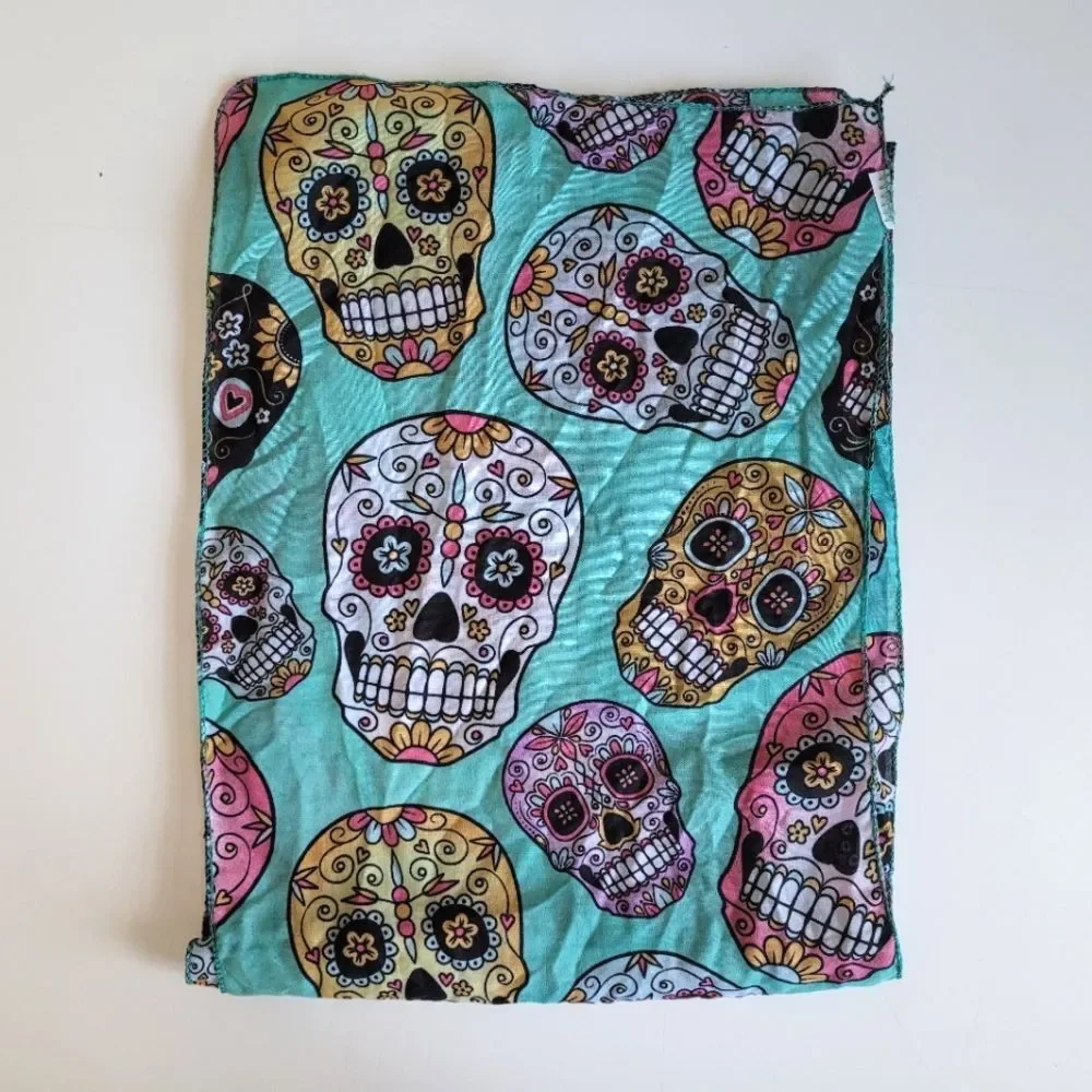 Sugar Skull Lightweight Halloween Scarf Teal Blue